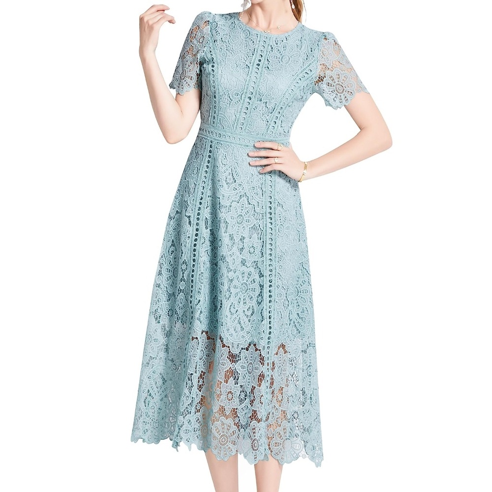 New Small Womens Flowy floral Dress Short Sleeve Round Neck Evening Blue
